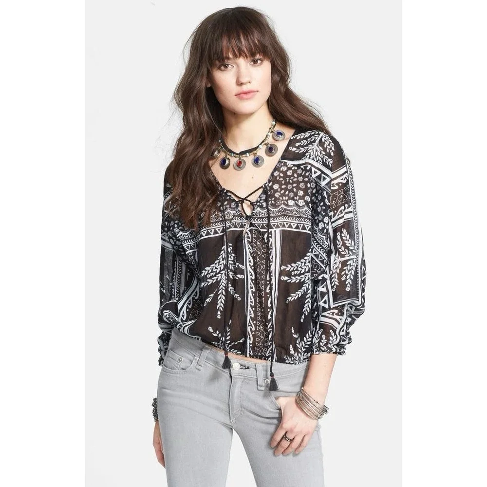 Free People Black White Sheer Yo Yo Geo Blouse Size Large